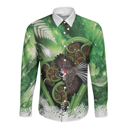 Piwakawaka New Zealand Christmas In July Long Sleeve Button Shirt NZ Aroha Koru Fern Marble Vibes