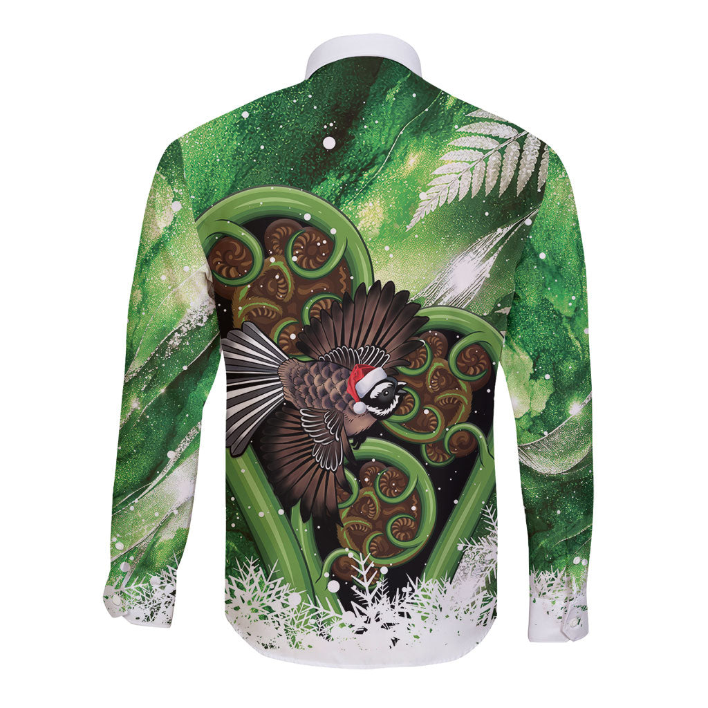 Piwakawaka New Zealand Christmas In July Long Sleeve Button Shirt NZ Aroha Koru Fern Marble Vibes