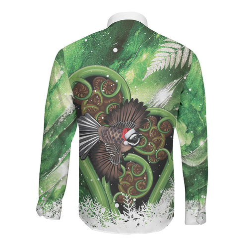 Piwakawaka New Zealand Christmas In July Long Sleeve Button Shirt NZ Aroha Koru Fern Marble Vibes