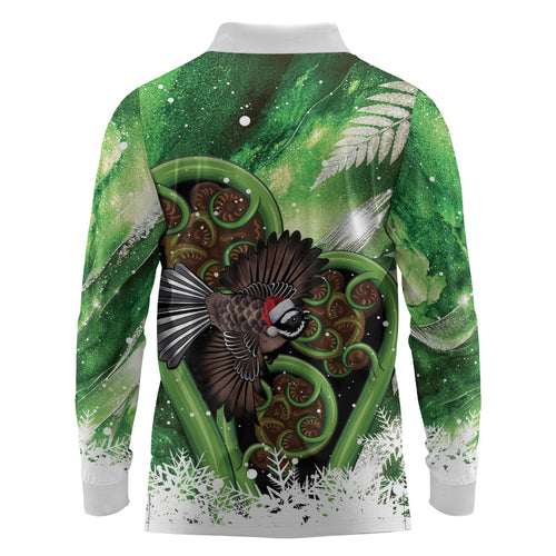 Piwakawaka New Zealand Christmas In July Long Sleeve Polo Shirt NZ Aroha Koru Fern Marble Vibes