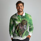 Piwakawaka New Zealand Christmas In July Long Sleeve Polo Shirt NZ Aroha Koru Fern Marble Vibes