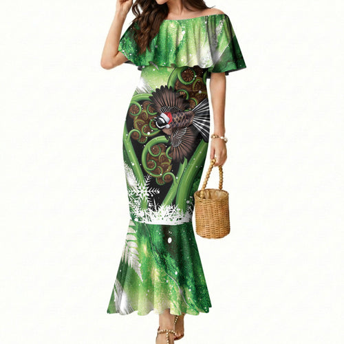 Piwakawaka New Zealand Christmas In July Mermaid Dress NZ Aroha Koru Fern Marble Vibes