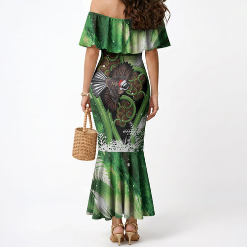Piwakawaka New Zealand Christmas In July Mermaid Dress NZ Aroha Koru Fern Marble Vibes