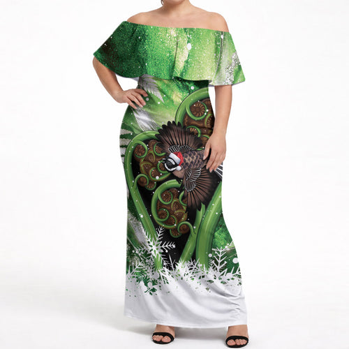 Piwakawaka New Zealand Christmas In July Off Shoulder Maxi Dress NZ Aroha Koru Fern Marble Vibes