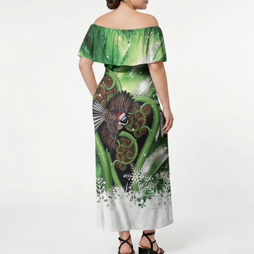 Piwakawaka New Zealand Christmas In July Off Shoulder Maxi Dress NZ Aroha Koru Fern Marble Vibes
