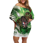 Piwakawaka New Zealand Christmas In July Off Shoulder Short Dress NZ Aroha Koru Fern Marble Vibes
