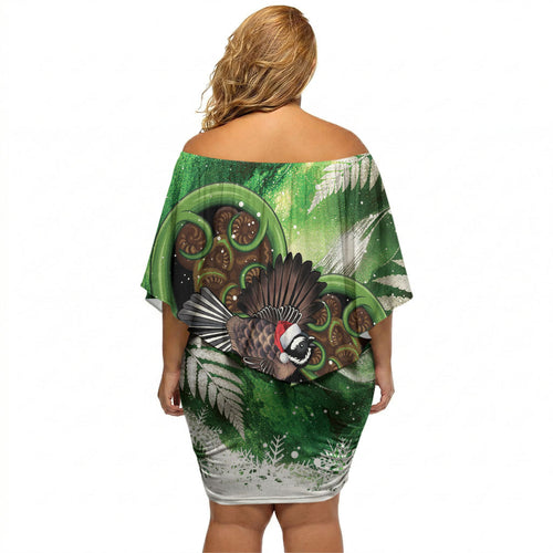 Piwakawaka New Zealand Christmas In July Off Shoulder Short Dress NZ Aroha Koru Fern Marble Vibes