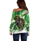 Piwakawaka New Zealand Christmas In July Off Shoulder Sweater NZ Aroha Koru Fern Marble Vibes