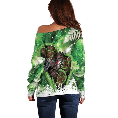Piwakawaka New Zealand Christmas In July Off Shoulder Sweater NZ Aroha Koru Fern Marble Vibes