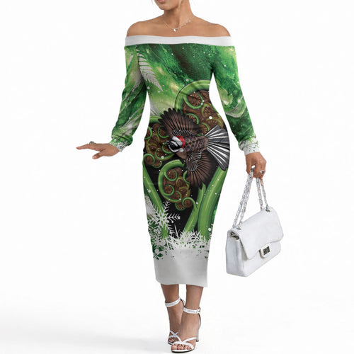 Piwakawaka New Zealand Christmas In July Off The Shoulder Long Sleeve Dress NZ Aroha Koru Fern Marble Vibes