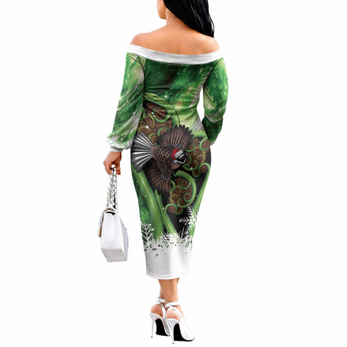 Piwakawaka New Zealand Christmas In July Off The Shoulder Long Sleeve Dress NZ Aroha Koru Fern Marble Vibes