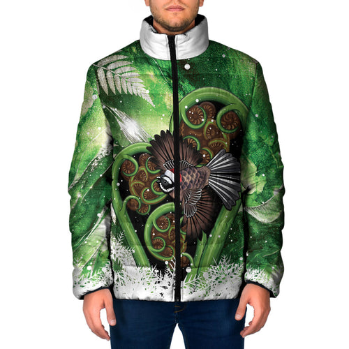 Piwakawaka New Zealand Christmas In July Padded Jacket NZ Aroha Koru Fern Marble Vibes