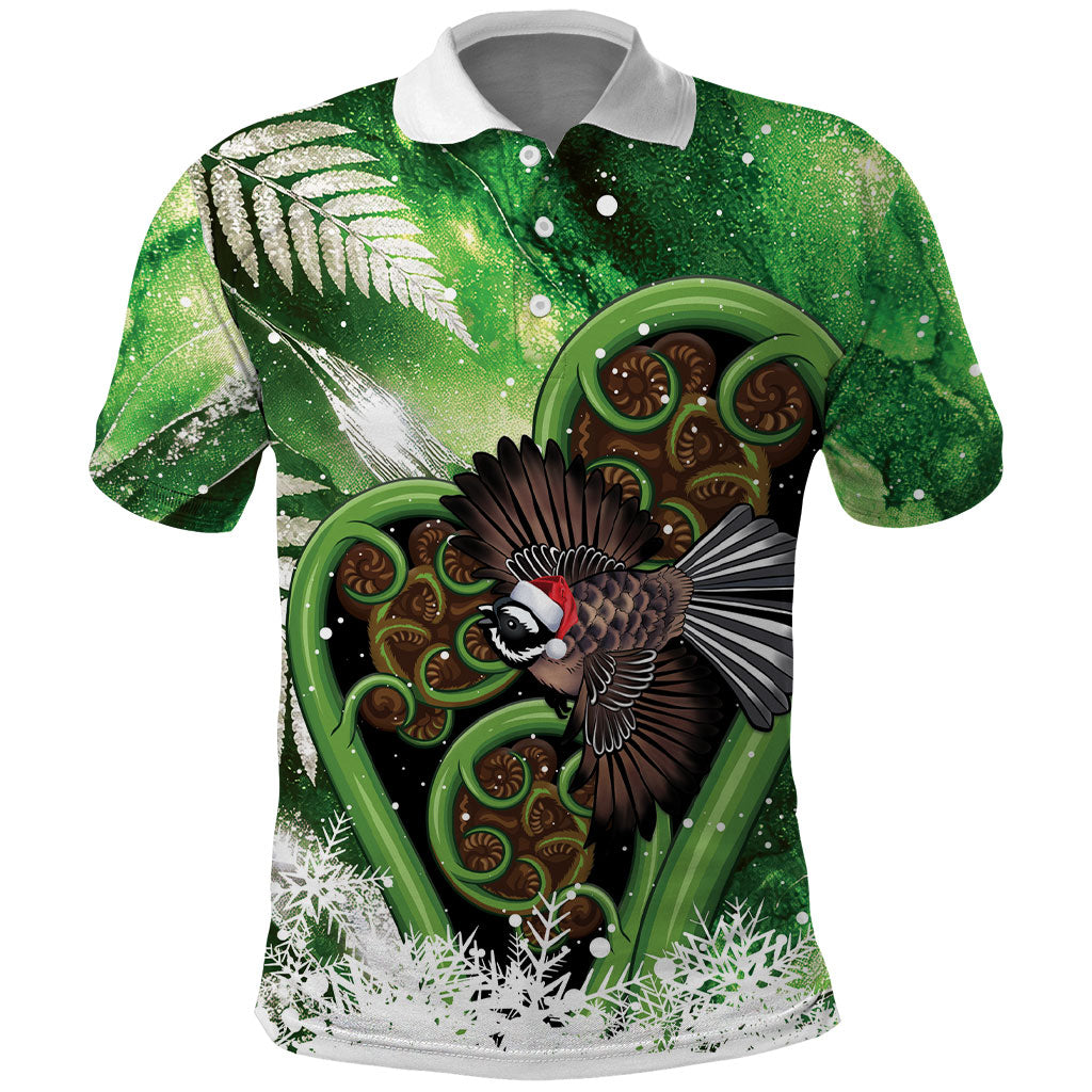 Piwakawaka New Zealand Christmas In July Polo Shirt NZ Aroha Koru Fern Marble Vibes