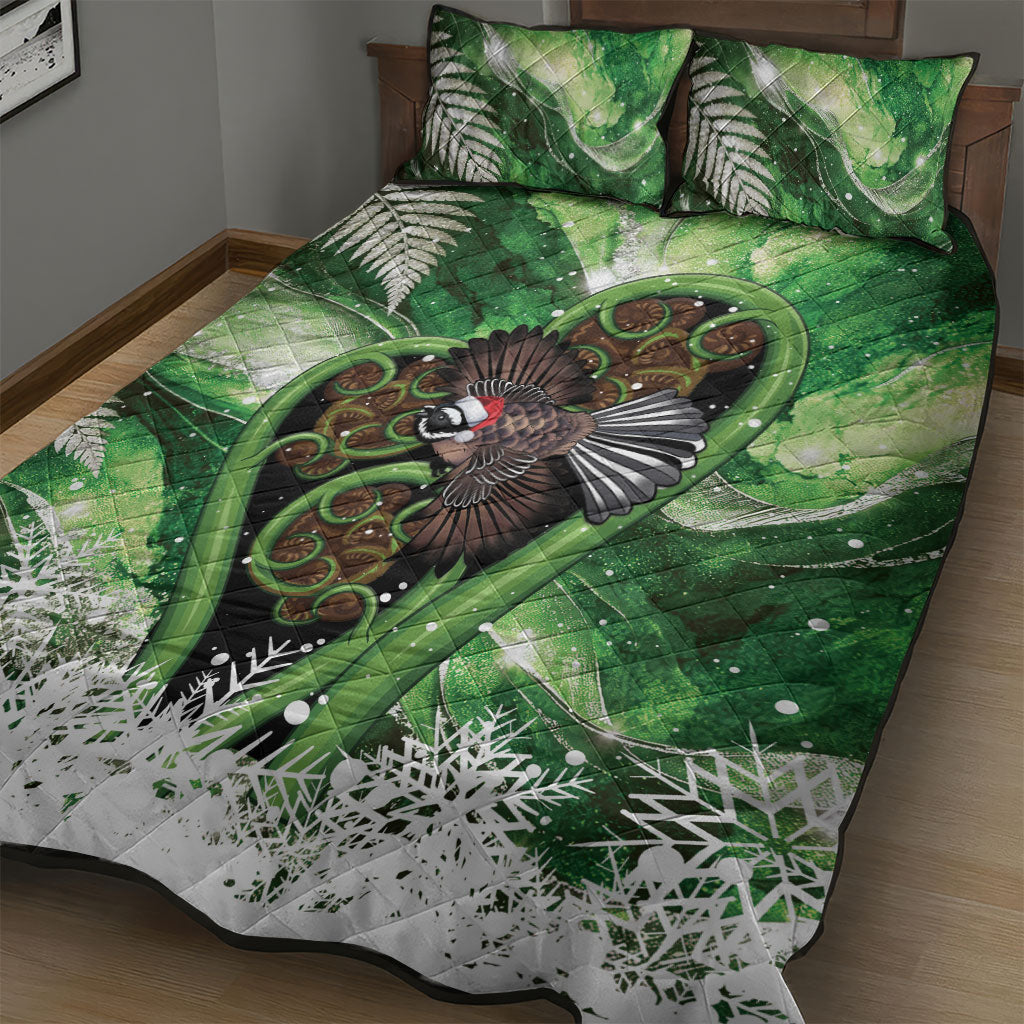 Piwakawaka New Zealand Christmas In July Quilt Bed Set NZ Aroha Koru Fern Marble Vibes