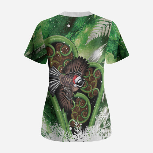 Piwakawaka New Zealand Christmas In July Scrub Top NZ Aroha Koru Fern Marble Vibes