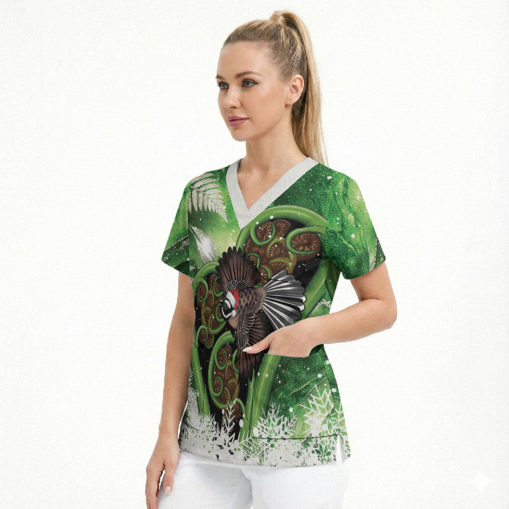 Piwakawaka New Zealand Christmas In July Scrub Top NZ Aroha Koru Fern Marble Vibes