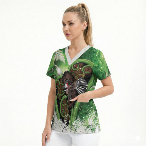 Piwakawaka New Zealand Christmas In July Scrub Top NZ Aroha Koru Fern Marble Vibes