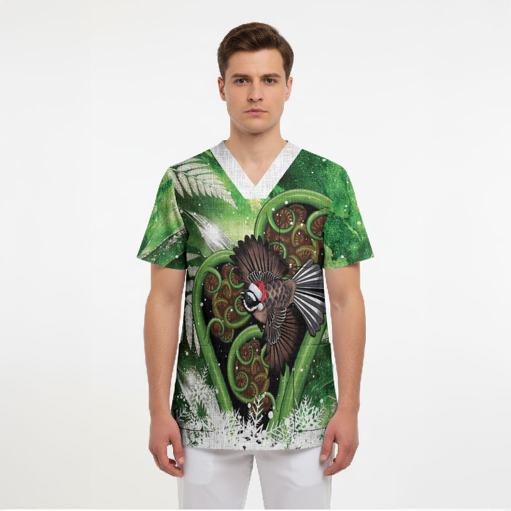 Piwakawaka New Zealand Christmas In July Scrub Top NZ Aroha Koru Fern Marble Vibes