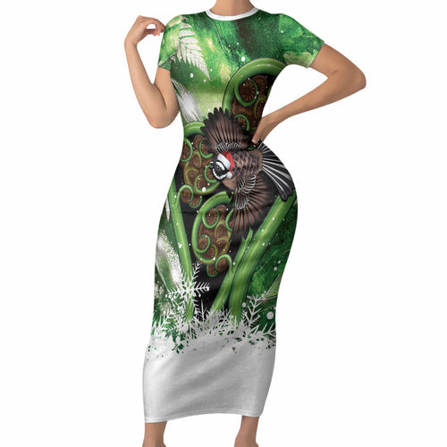 Piwakawaka New Zealand Christmas In July Short Sleeve Bodycon Dress NZ Aroha Koru Fern Marble Vibes