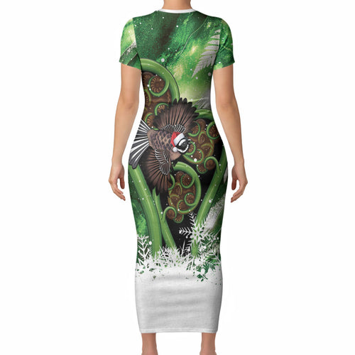 Piwakawaka New Zealand Christmas In July Short Sleeve Bodycon Dress NZ Aroha Koru Fern Marble Vibes