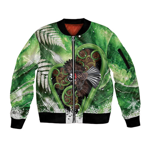 Piwakawaka New Zealand Christmas In July Sleeve Zip Bomber Jacket NZ Aroha Koru Fern Marble Vibes