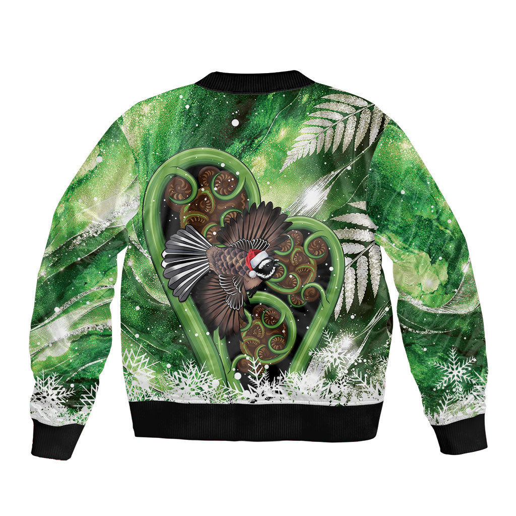 Piwakawaka New Zealand Christmas In July Sleeve Zip Bomber Jacket NZ Aroha Koru Fern Marble Vibes