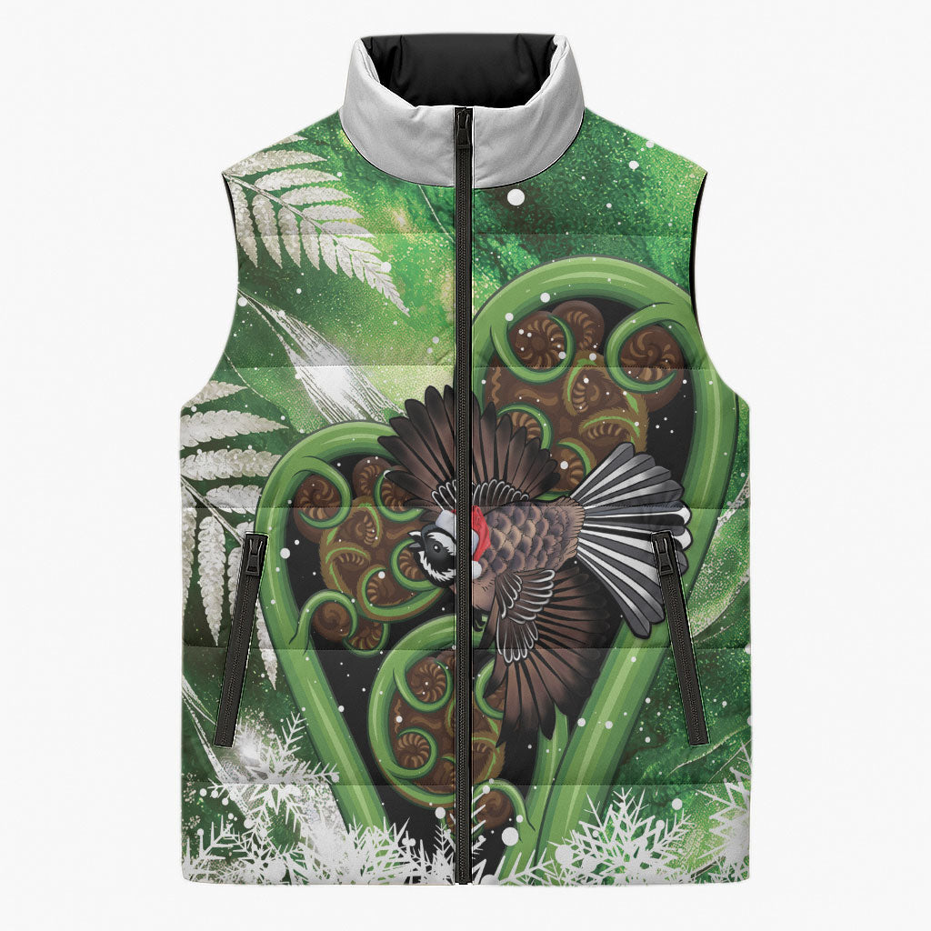 Piwakawaka New Zealand Christmas In July Sleeveless Puffer Jacket NZ Aroha Koru Fern Marble Vibes