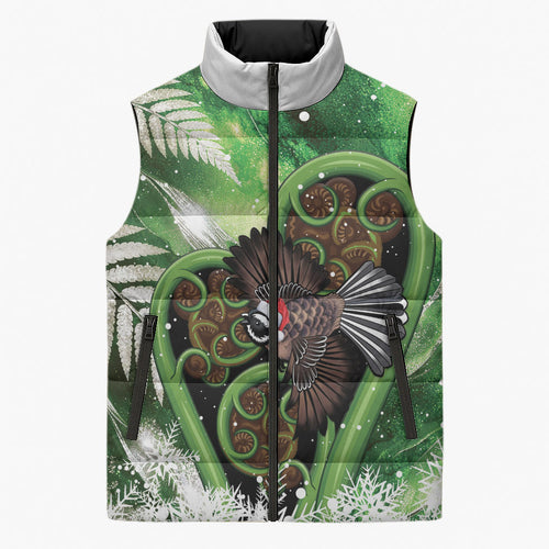 Piwakawaka New Zealand Christmas In July Sleeveless Puffer Jacket NZ Aroha Koru Fern Marble Vibes