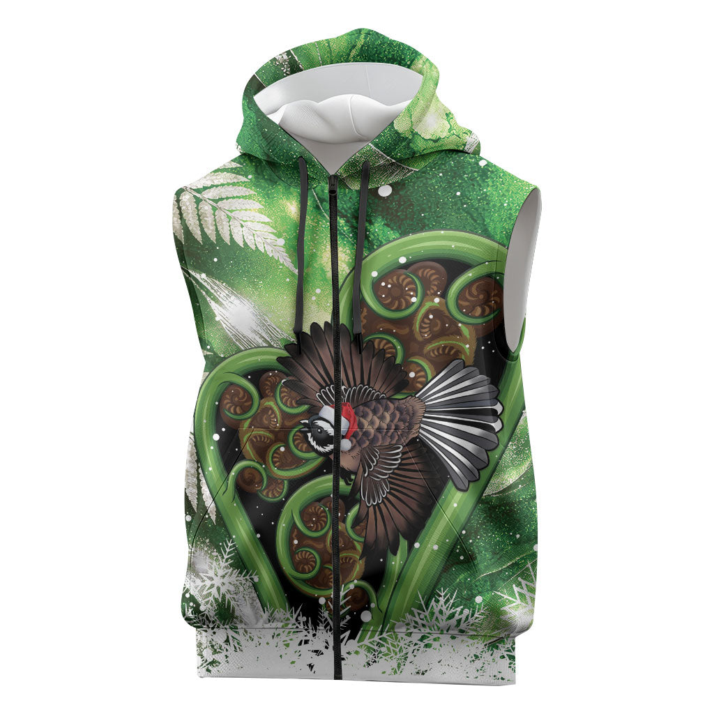 Piwakawaka New Zealand Christmas In July Sleeveless Zip Hoodie NZ Aroha Koru Fern Marble Vibes