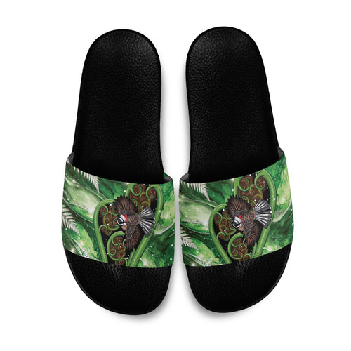 Piwakawaka New Zealand Christmas In July Slide Sandals NZ Aroha Koru Fern Marble Vibes