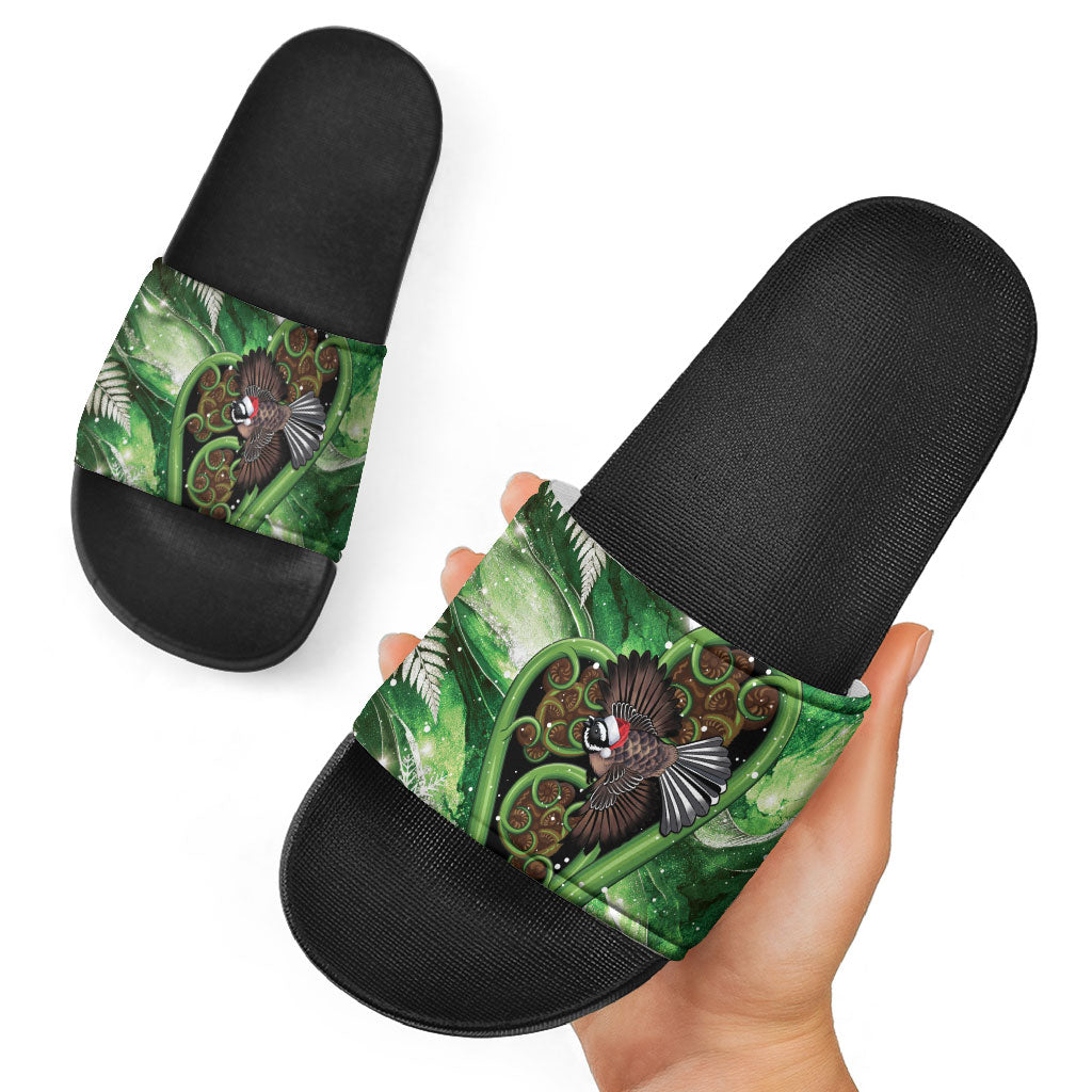 Piwakawaka New Zealand Christmas In July Slide Sandals NZ Aroha Koru Fern Marble Vibes