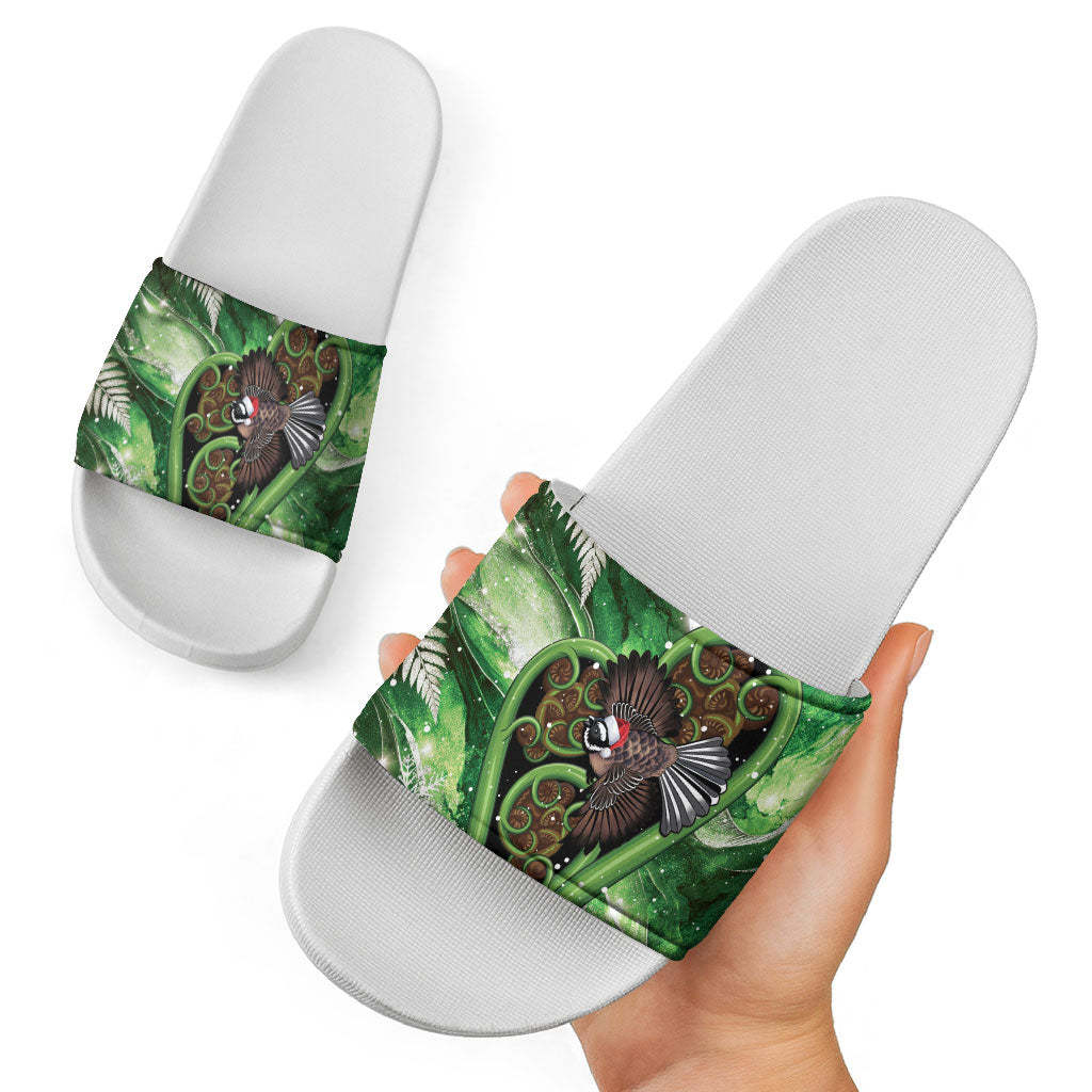 Piwakawaka New Zealand Christmas In July Slide Sandals NZ Aroha Koru Fern Marble Vibes