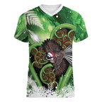 Piwakawaka New Zealand Christmas In July Women V-Neck T-Shirt NZ Aroha Koru Fern Marble Vibes