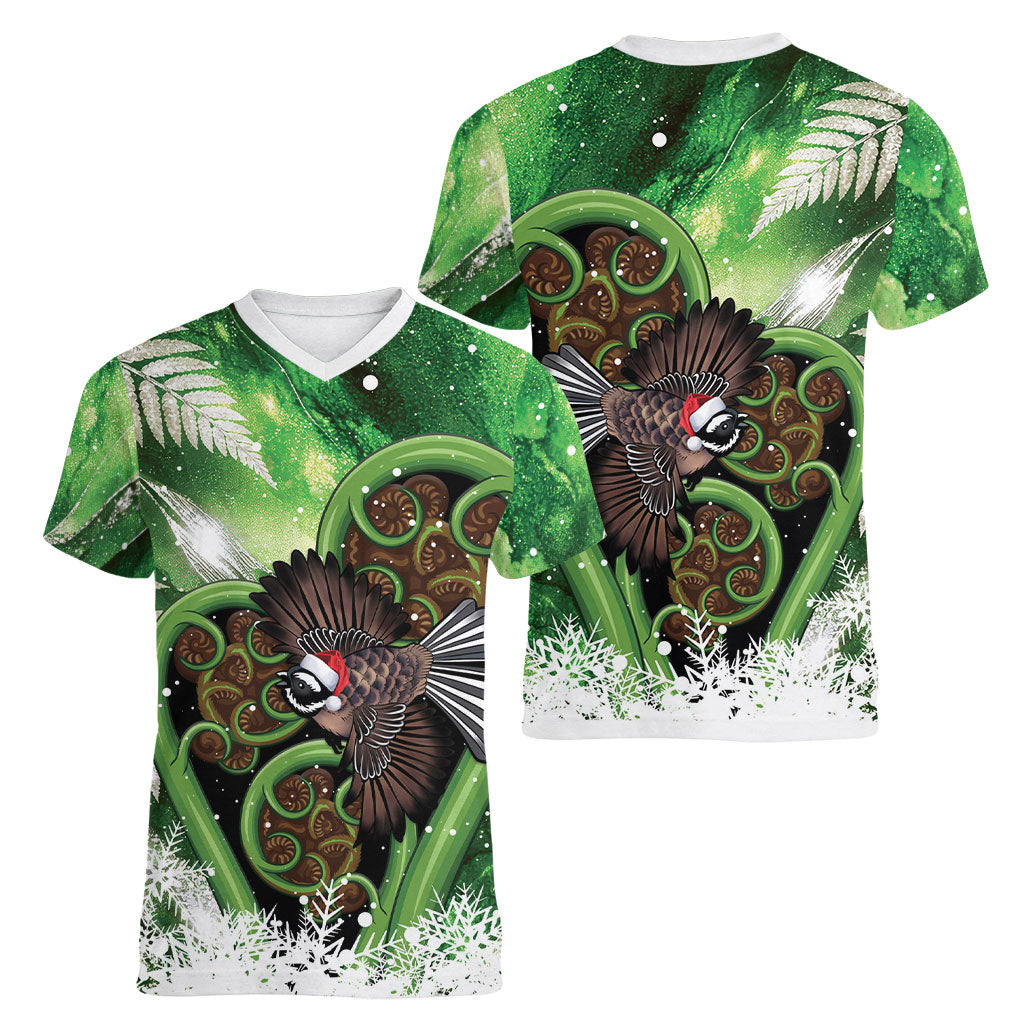 Piwakawaka New Zealand Christmas In July Women V-Neck T-Shirt NZ Aroha Koru Fern Marble Vibes