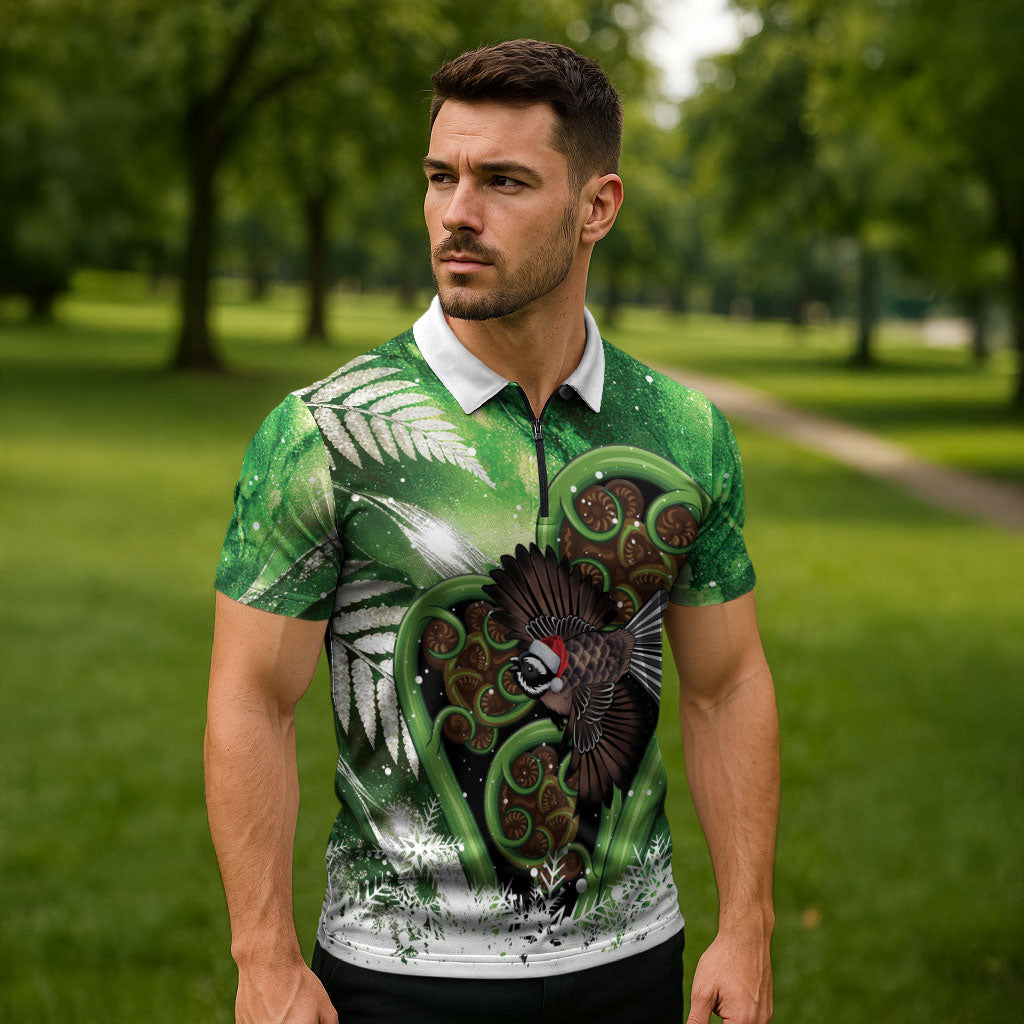 Piwakawaka New Zealand Christmas In July Zipper Polo Shirt NZ Aroha Koru Fern Marble Vibes