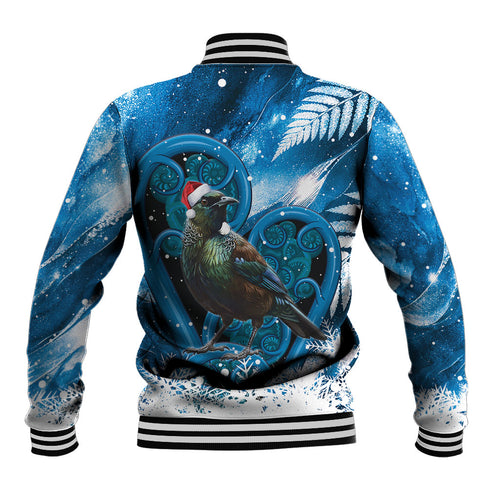 Tui Bird New Zealand Christmas In July Baseball Jacket NZ Aroha Koru Fern Marble Vibes