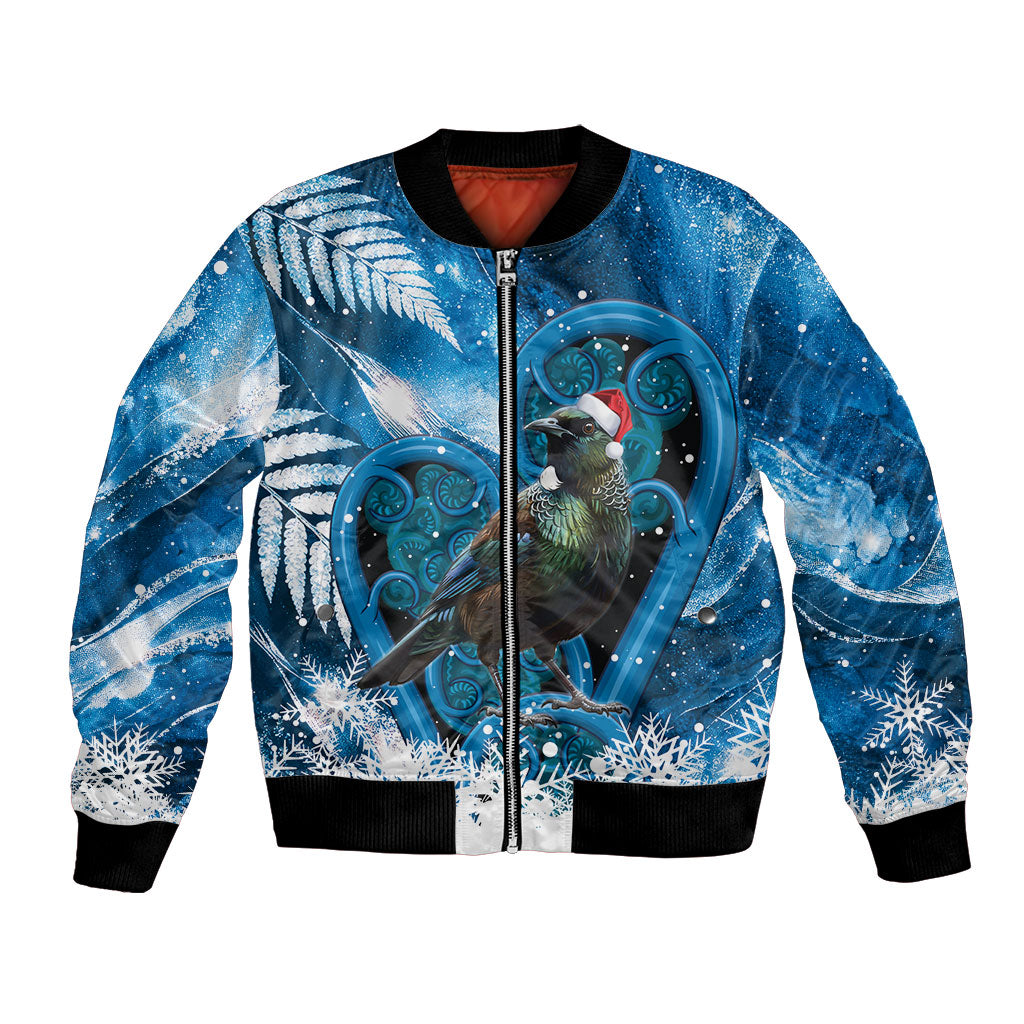 Tui Bird New Zealand Christmas In July Bomber Jacket NZ Aroha Koru Fern Marble Vibes