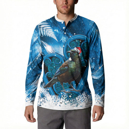 Tui Bird New Zealand Christmas In July Button Sweatshirt NZ Aroha Koru Fern Marble Vibes