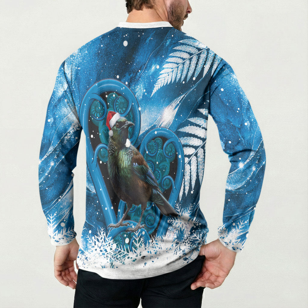 Tui Bird New Zealand Christmas In July Button Sweatshirt NZ Aroha Koru Fern Marble Vibes