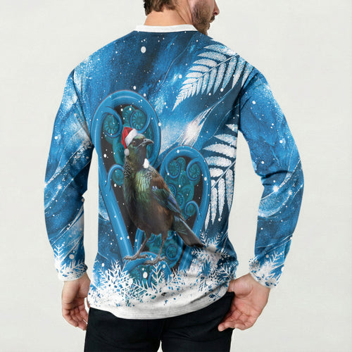 Tui Bird New Zealand Christmas In July Button Sweatshirt NZ Aroha Koru Fern Marble Vibes
