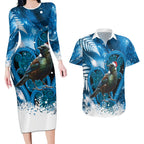 Tui Bird New Zealand Christmas In July Couples Matching Long Sleeve Bodycon Dress and Hawaiian Shirt NZ Aroha Koru Fern Marble Vibes