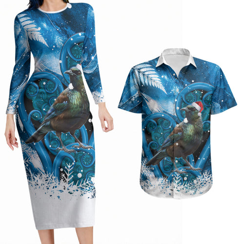 Tui Bird New Zealand Christmas In July Couples Matching Long Sleeve Bodycon Dress and Hawaiian Shirt NZ Aroha Koru Fern Marble Vibes