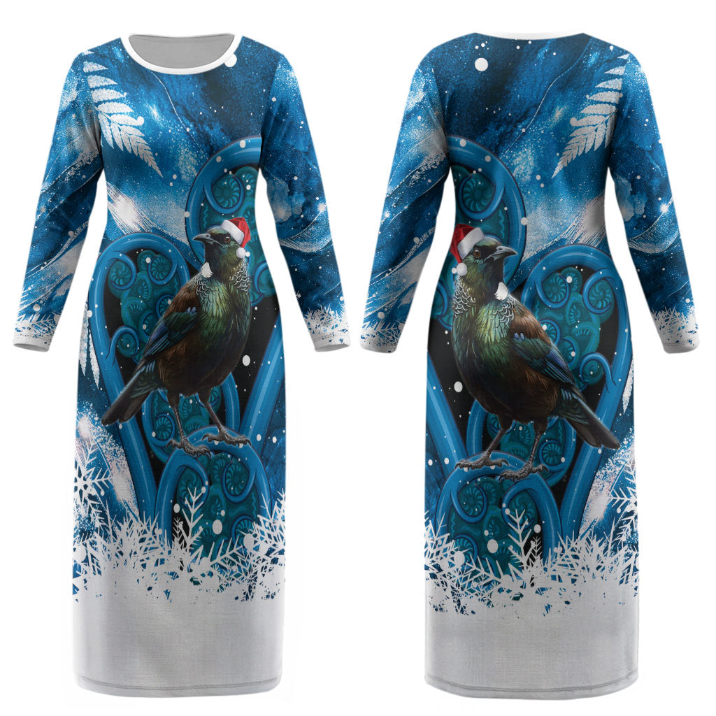 Tui Bird New Zealand Christmas In July Couples Matching Long Sleeve Bodycon Dress and Hawaiian Shirt NZ Aroha Koru Fern Marble Vibes LT14