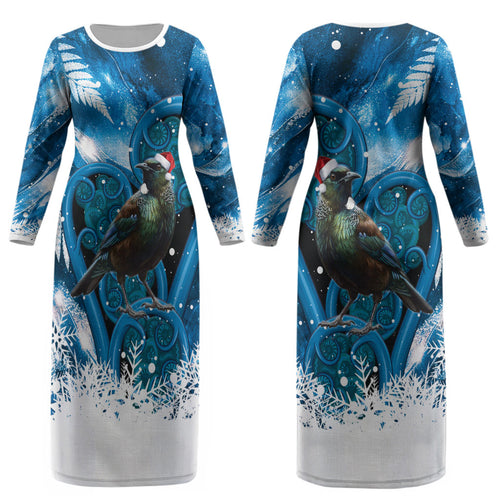 Tui Bird New Zealand Christmas In July Couples Matching Long Sleeve Bodycon Dress and Hawaiian Shirt NZ Aroha Koru Fern Marble Vibes LT14