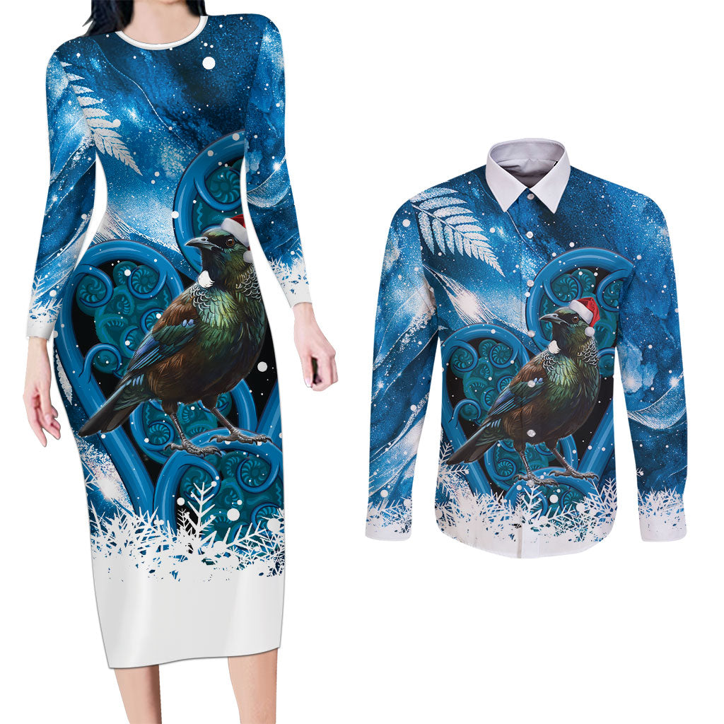 Tui Bird New Zealand Christmas In July Couples Matching Long Sleeve Bodycon Dress and Long Sleeve Button Shirt NZ Aroha Koru Fern Marble Vibes