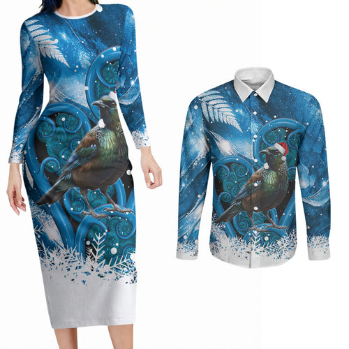 Tui Bird New Zealand Christmas In July Couples Matching Long Sleeve Bodycon Dress and Long Sleeve Button Shirt NZ Aroha Koru Fern Marble Vibes