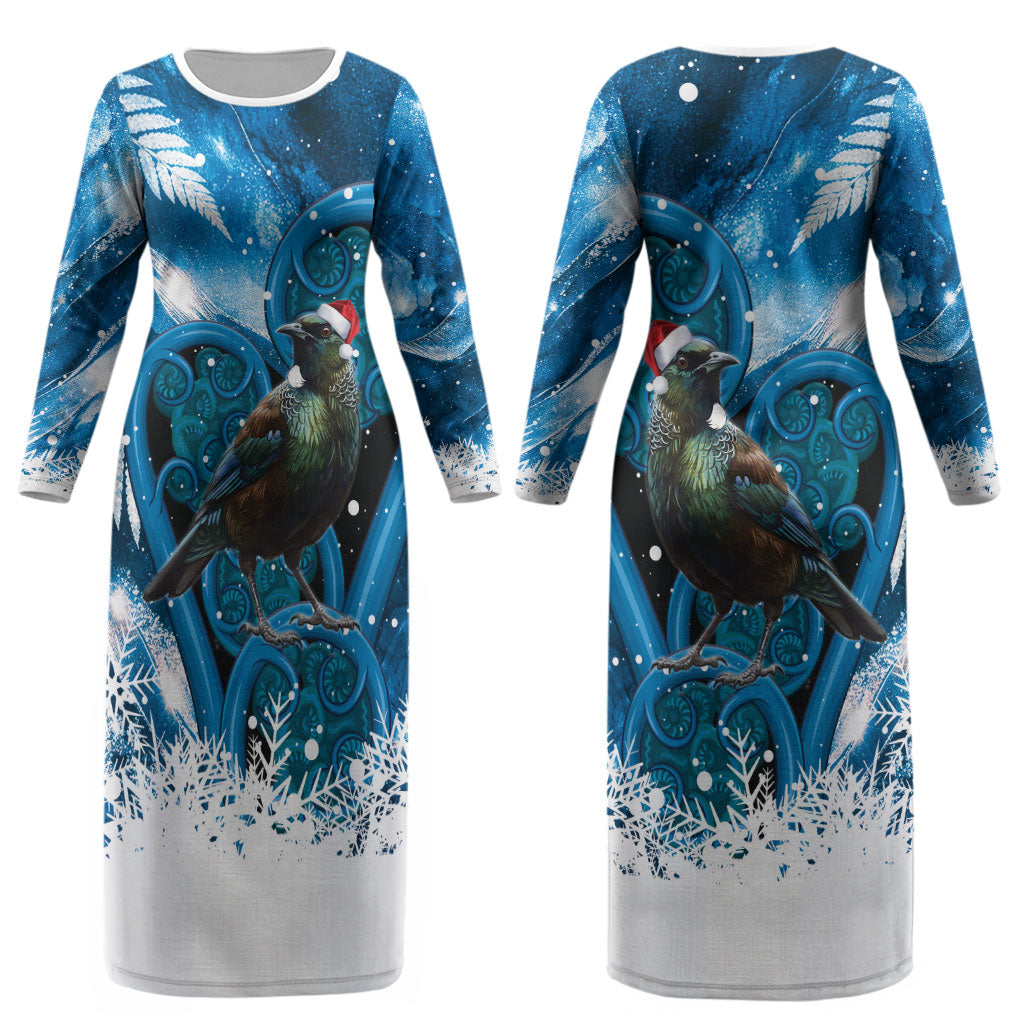 Tui Bird New Zealand Christmas In July Couples Matching Long Sleeve Bodycon Dress and Long Sleeve Button Shirt NZ Aroha Koru Fern Marble Vibes LT14