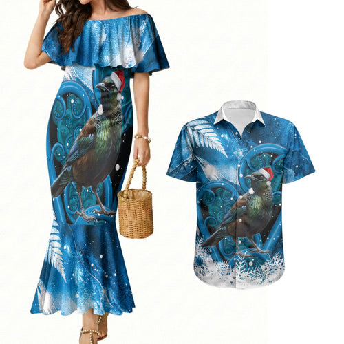 Tui Bird New Zealand Christmas In July Couples Matching Mermaid Dress and Hawaiian Shirt NZ Aroha Koru Fern Marble Vibes
