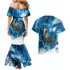 Tui Bird New Zealand Christmas In July Couples Matching Mermaid Dress and Hawaiian Shirt NZ Aroha Koru Fern Marble Vibes