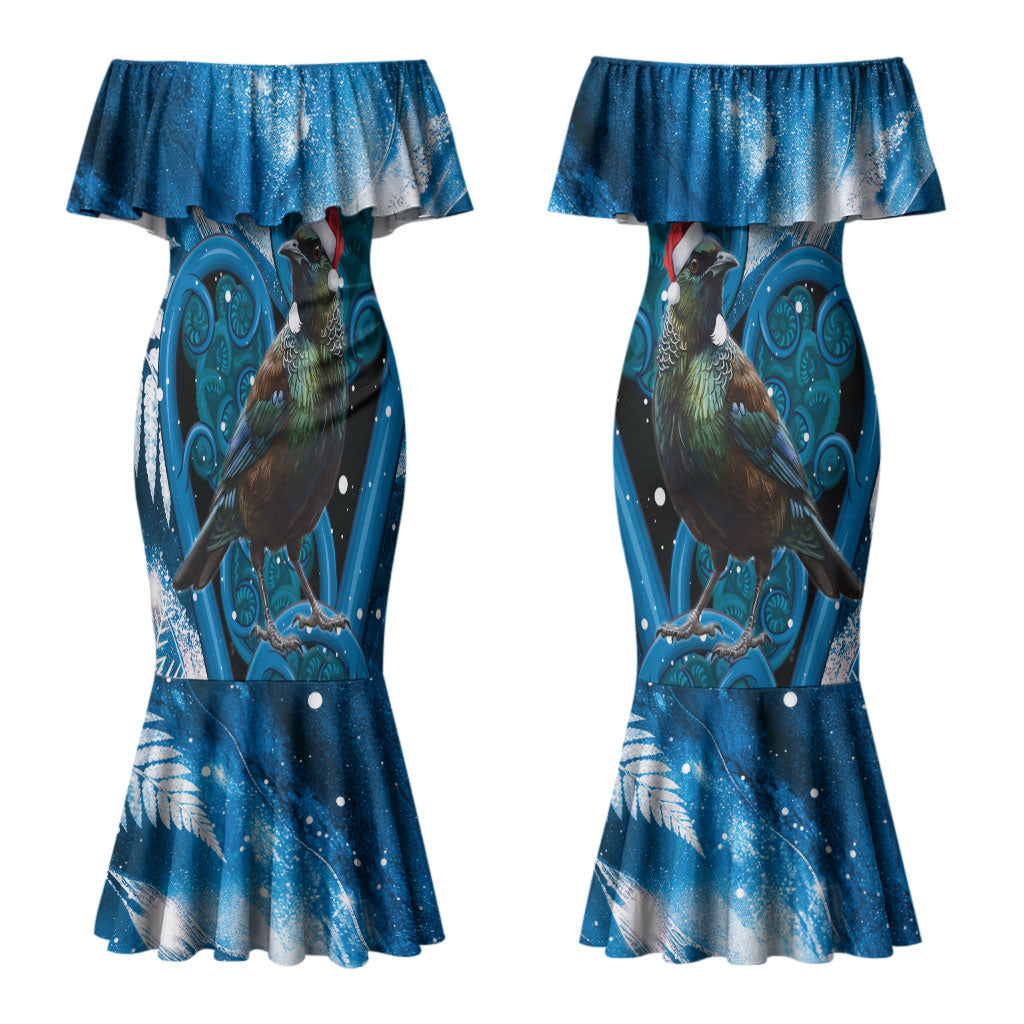 Tui Bird New Zealand Christmas In July Couples Matching Mermaid Dress and Hawaiian Shirt NZ Aroha Koru Fern Marble Vibes LT14